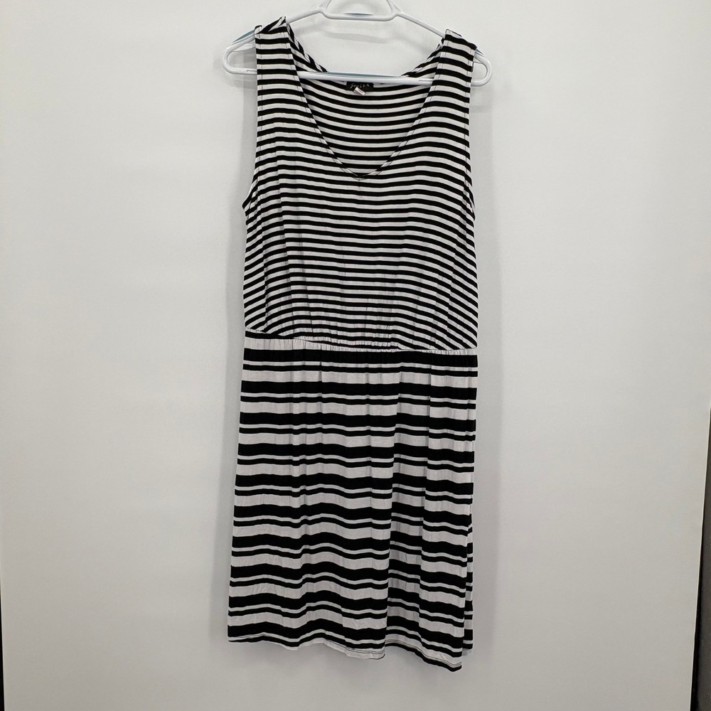 Joei & i Womens Black White Striped Sleeveless V-Neck Elastic‎ Waist Dress L